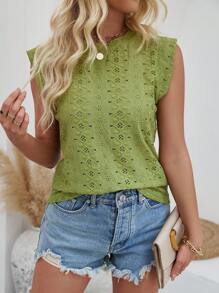 SHEIN LUNE Women's Solid Color Hollow Out Embroidery T-Shirt