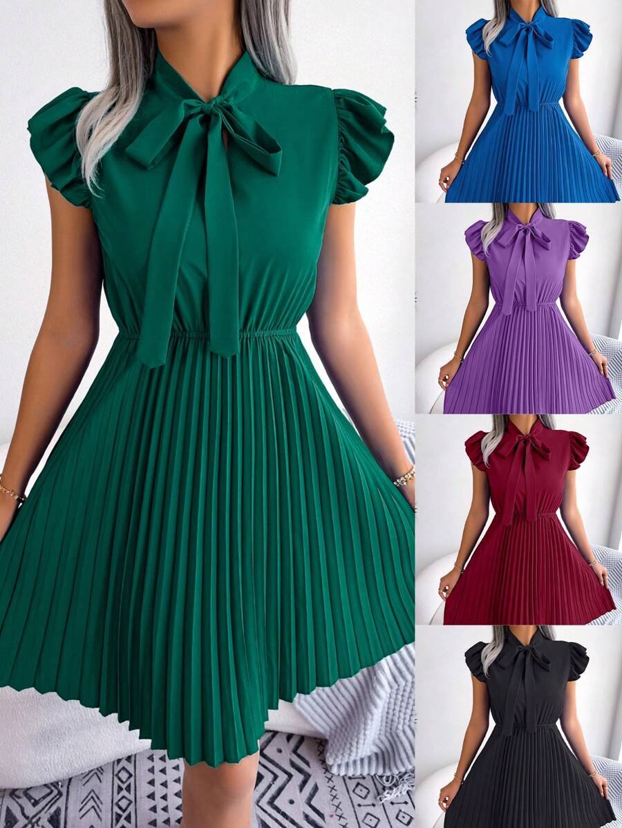 繫帶領荷葉邊百褶下擺連衣裙 - 黑色 - 查看 1