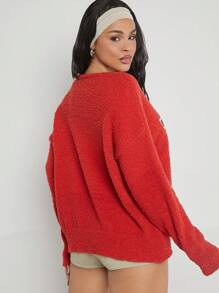 Denimoi Letter Pattern Drop Shoulder Sweater - Red - View 2