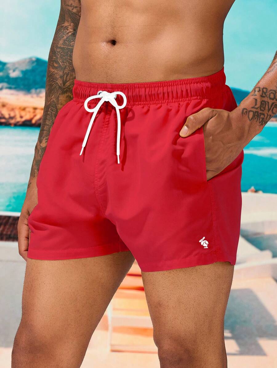 Manfinity Swimmode Men's Drawstring Waist Patch Pocket Beach Shorts Summer Swimming,Surfing,Beach,Hawaiian - Red - View 1