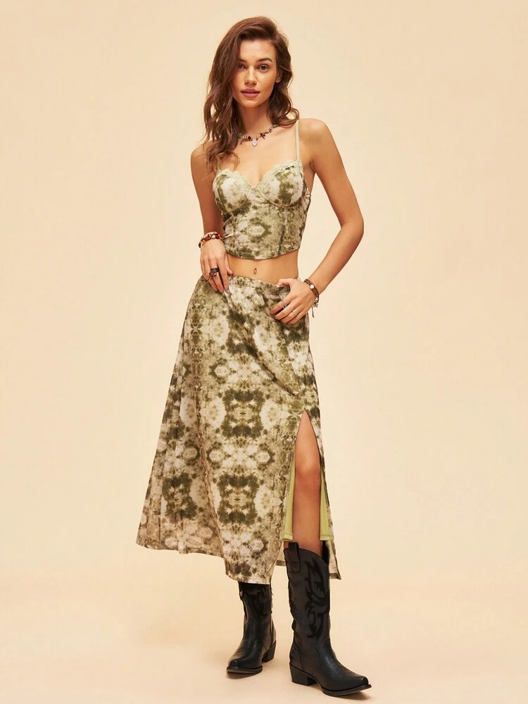 Tie-Dye Crop Top And Split Skirt Set, Perfect For Vacation