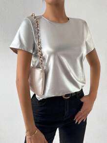 SHEIN Privé Camiseta Plateada Con Cuello Redondo Para Mujer - Plateado - Ver 3