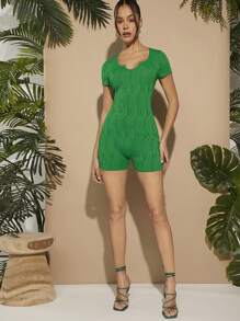Hauture Monos de verano de cuello con muesca, textura sólida - Verde - Ver 4