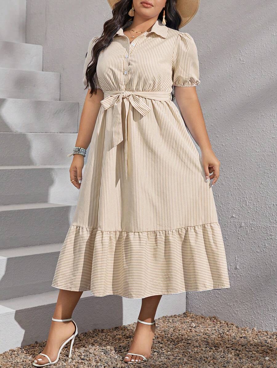 SHEIN VCAY Plus Striped Print Ruffle Hem Belted Shirt Summer Dress - Yellow - View 1