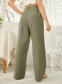 SHEIN Essnce Solid Color Elastic Waist Slant Pocket Straight Leg Pants - Army Green - View 2