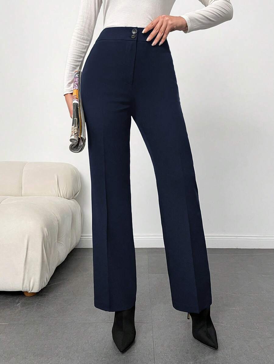 EURMUSE Women's Mid-Rise Button Zipper Closure Straight Dress Pants - Navy Blue - View 1