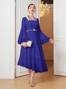 Modelyn Vestido de noche largo de línea A con mangas acampanadas y volantes en color liso para mujer - Azul - Ver 6
