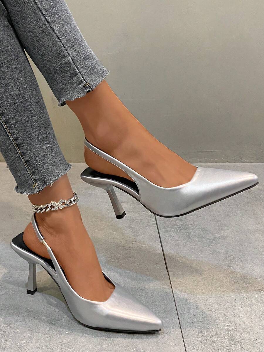 Thời trang Của phụ nữ Kích thước lớn Màu bạc Cao gót Da Dép xăng đan - Bạc - Xem 1