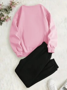 SHEIN 女式熊圖案印花圓領長袖運動連帽衣和運動長褲套裝 - 粉色 - 查看 2