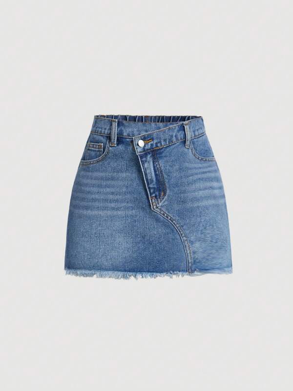 SHEIN Girlism Tween Mädchen Y2K Mode Denim Rock mit schrägen Knöpfen vorne und ausgefranstem Saum, gewaschen Frühling Sommer Boho Rock