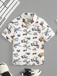 SHEIN 男童休閒短袖衫，印有飛機圖案和翻領領口 - 彩色 - 查看 1