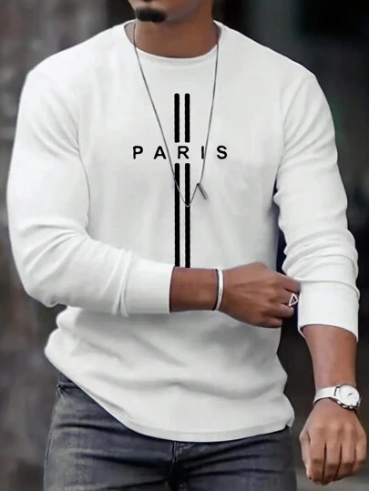 Manfinity Dauomo 男士条纹字母印花圆领T恤，秋季款，长袖上衣