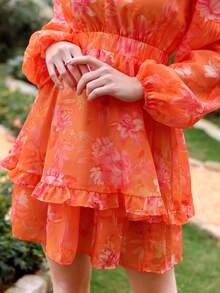 SHEIN VCAY Chiffon Floral Print Lantern Sleeve Dress With Elastic Waist - Orange - View 7