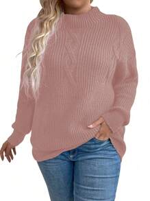 SHEIN LUNE Suéter de cuello redondo de manga larga con caída de hombros para mujer de talla grande, tejido, para otoño e invierno - Rosa - Ver 4