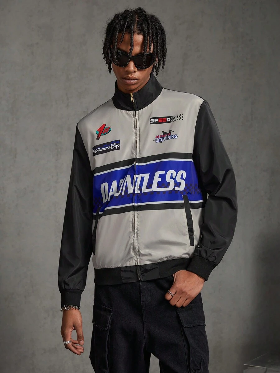 Manfinity VCAY Men's Woven Leisure Color-Blocked Zipper Front Jacket With Letter Print, For Fall Winter - Multicolor - View 1
