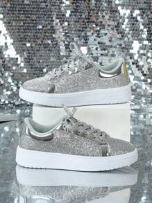 Zapatos Deportivos Plateados De Lentejuelas De Moda Cómodos Y Casuales Para Mujeres, Zapatos Para Correr Y Caminar, Estilo Universitario De Calzado Para Estudiantes Brillantes - Plateado - Ver 4