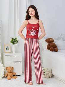 SHEIN Teen Girl Heart Shaped Popcorn Print Cami And Striped Knit Pants Cozy Pajama Set - Red - View 3