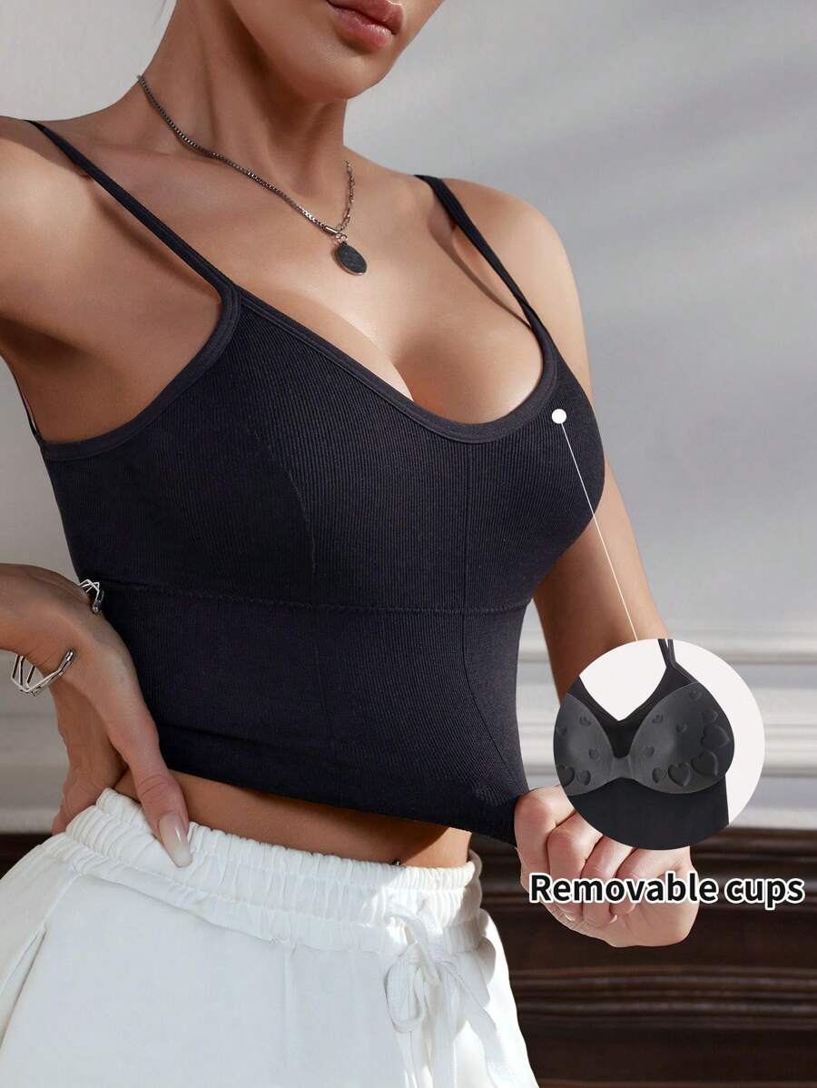 Women's Adjustable Strap Tank Top With Removable Padded Bra - Black - View 1