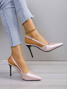 Fashionable Pink Satin Sandals For Women With Pointed Toe, Ankle Buckle Strap, Stiletto Heels, And Hollow Design At The Back