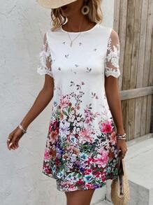 EMERY ROSE Blume Muster Mesh Kleid Mit Kurzen Ärmeln Für Damen