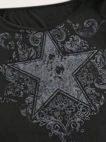 ROMWE Fairycore Camiseta con estampado de estrella de hombros descubiertos - Negro - Ver 4