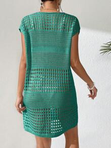 Breezaya Ladies' Solid Color Round Neck Hollow Out Cover Up Dress Summer - Green - View 2