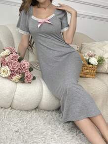 Short-Sleeve Pajama Sleepwear Dress With Splicing Lace Bow Decoration