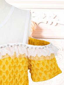 SHEIN Tween Girls' Texture & Pearl & Rhinestone Knit Cami Dress - Yellow - View 4
