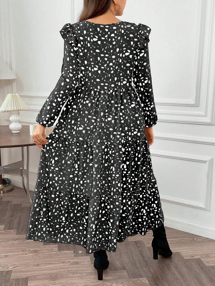 Plus Size Women's Printed Splicing Dress With Ruffle Edge And Lantern Sleeve Fall Cloth For Women