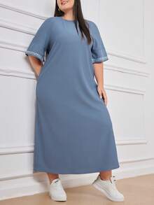 Mulvari Plus Size Women Embroidered Raglan Sleeve Dress - Baby Blue - View 8