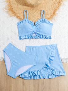 Tween Girl Palm Tree Flocked Bikini Set With Scallop Trim, Bathing Suit Beach Outfit Summer Vacation Summer Beach - Blue - View 5