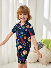 Young Boy Comfortable Planet Printed Pajama Set - Navy Blue - View 4