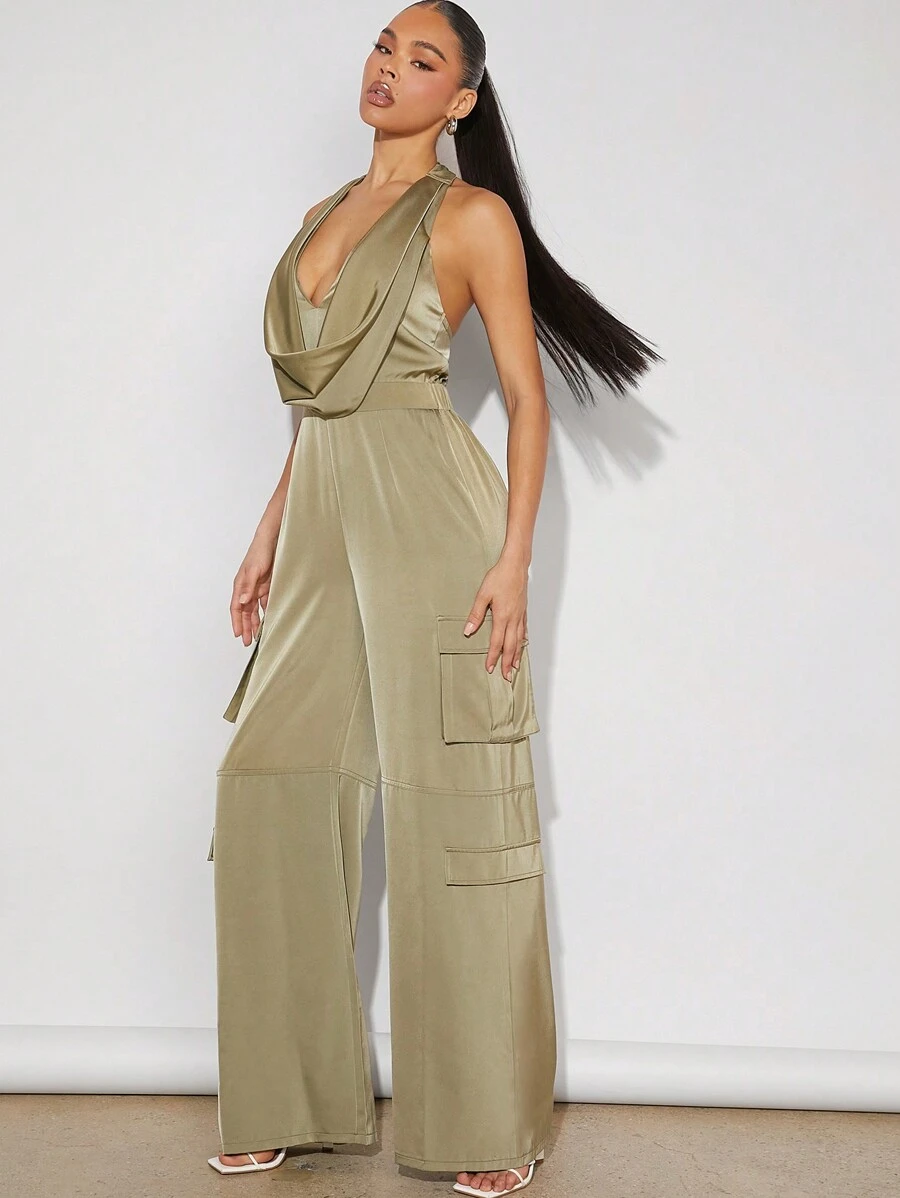 Hauture Của phụ nữ Màu thuần Cổ chữ V Dây Với Túi - Màu xanh Ô liu - Xem 1