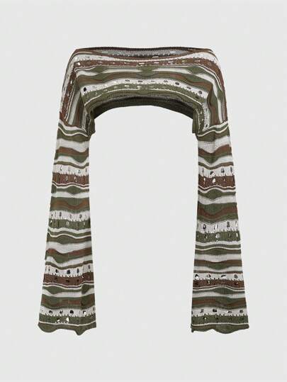 Vintage  Striped Boat Neck Bell Sleeve Cropped Cardigan Sweater For Women