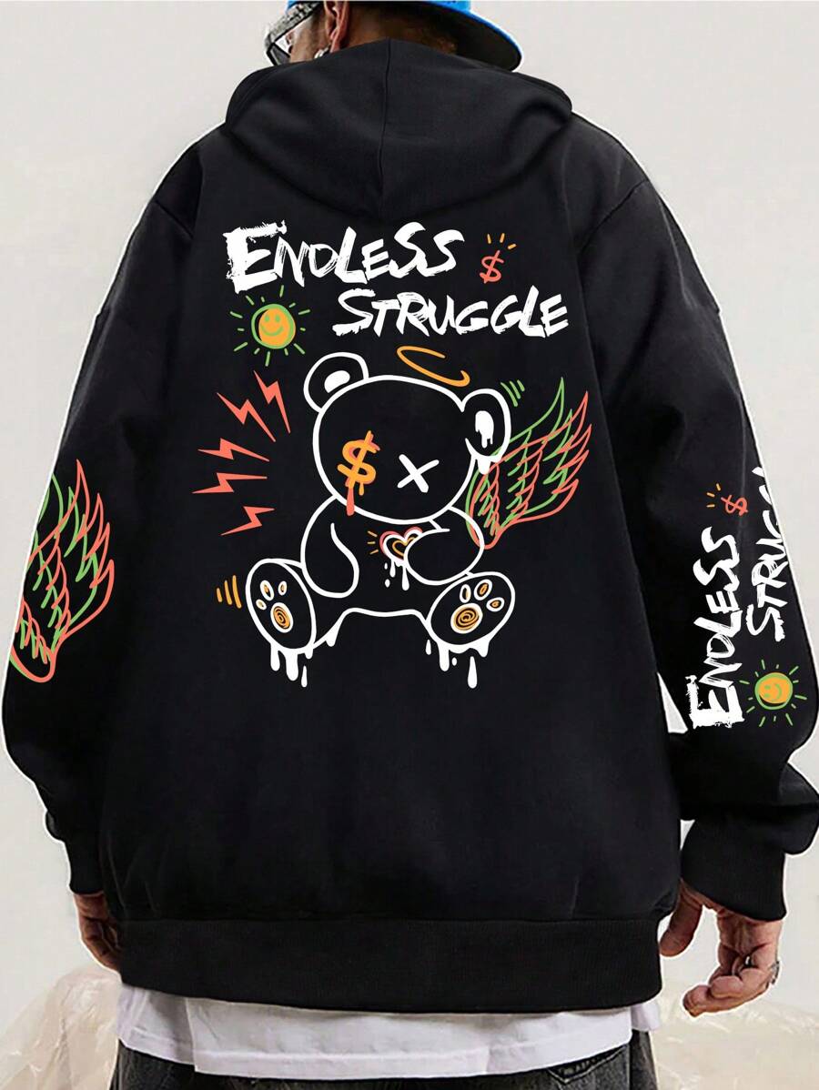 Manfinity Dauomo Men Bear And Letter Graphic Drawstring Hoodie - Black - View 1