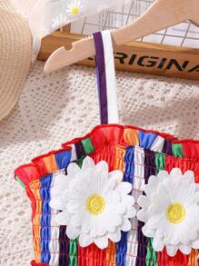 SHEIN Tween Girls' Striped Dress With Floral Applique In Spring/Summer - Multicolor - View 5