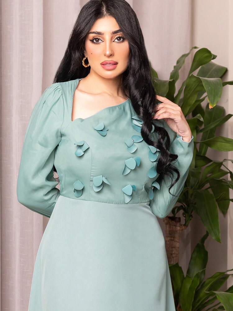 Women'S Floral Applique Rhinestone Embellished Asymmetrical Collar Dress Long Evening Dresses Fall Cloth For Women