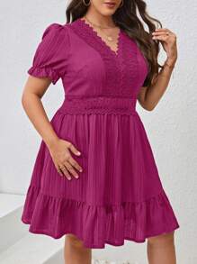 SHEIN VCAY Kích thước lớn Ren Vá lại Ống tay áo Mùa hè Đầm - Màu Hồng Tươi - Xem 3