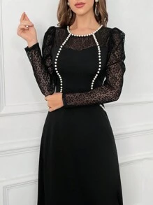 Modelyn Vestido feminino com decote redondo e contraste de renda e manga gigot, roupa maxi feminina, vestidos longos de noite - Preto - Ver 5