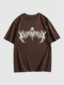 ROMWE MEN Goth Men Cotton Skull & Letter Graphic Tee, School - Coffee Brown - View 1