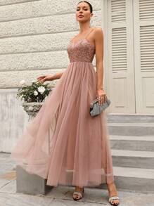 SHEIN Belle Elegant Bridesmaid Dress With Sequins Cutout Neckline Formal Evening Prom Wedding Guest Gown, For Graduation, Dinner - Champagne - View 6