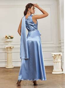 SHEIN Belle Elegant And Romantic V Neck Ruffles And Sashes Bridesmaid Dress - Baby Blue - View 2