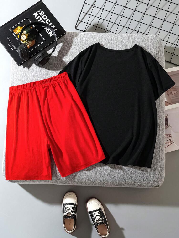 Tween Boy Casual Simple Cartoon Rabbit Printed Round Neck Short Sleeve T-Shirt And Shorts 2pcs/Set Suitable For Summer