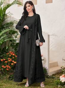 Al Najma Solid Color Modest Long Sleeve Arabian Dress And Jacquard Front Open Abaya, Fashion Robe Abaya For Casual/Festival/Gathering/Travel