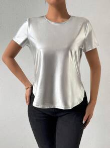 SHEIN Privé Camiseta Plateada Con Cuello Redondo Para Mujer - Plateado - Ver 4