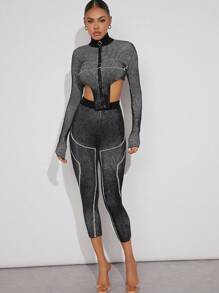 Hauture Ribbed Mock Neck Zip Top & Pants Set - Multicolor - View 3