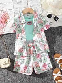 SHEIN 少女度假風碎花短袖襯衫字母組合背心短褲三件套 - 彩色 - 查看 3