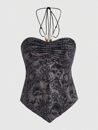 Goth Top halter estampado de cráneo fruncido