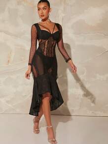 Hauture Vestido De Malla Para Mujer Con Encaje Y Volantes - Negro - Ver 1