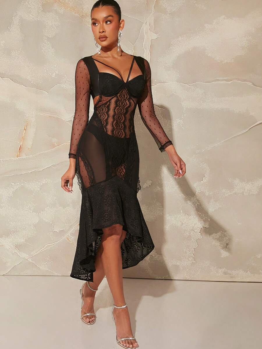 Hauture Vestido De Malla Para Mujer Con Encaje Y Volantes - Negro - Ver 1